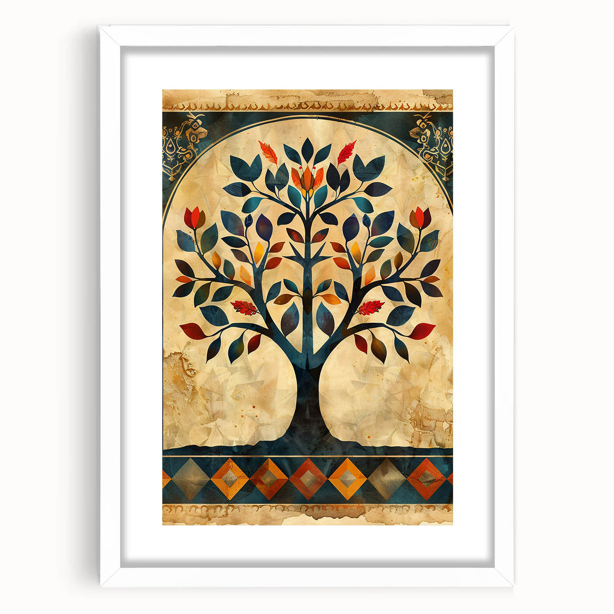 Abstract floral wall art in a white frame with matting, showcasing vibrant colors and intricate designs, perfect for modern home decor and artistic expression.