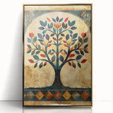 Framed wall art showcasing a vibrant abstract floral design in gold and pastel colors, set against a sleek acrylic background, perfect for modern decor.