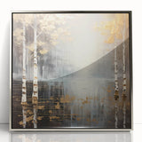 Framed abstract landscape wall art featuring soft silver tones and intricate textures, designed to enhance modern interiors with a touch of elegance.