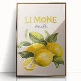 Large art print of assorted fruits in bold colors on a gold framed acrylic, styled in mid-century modernist.