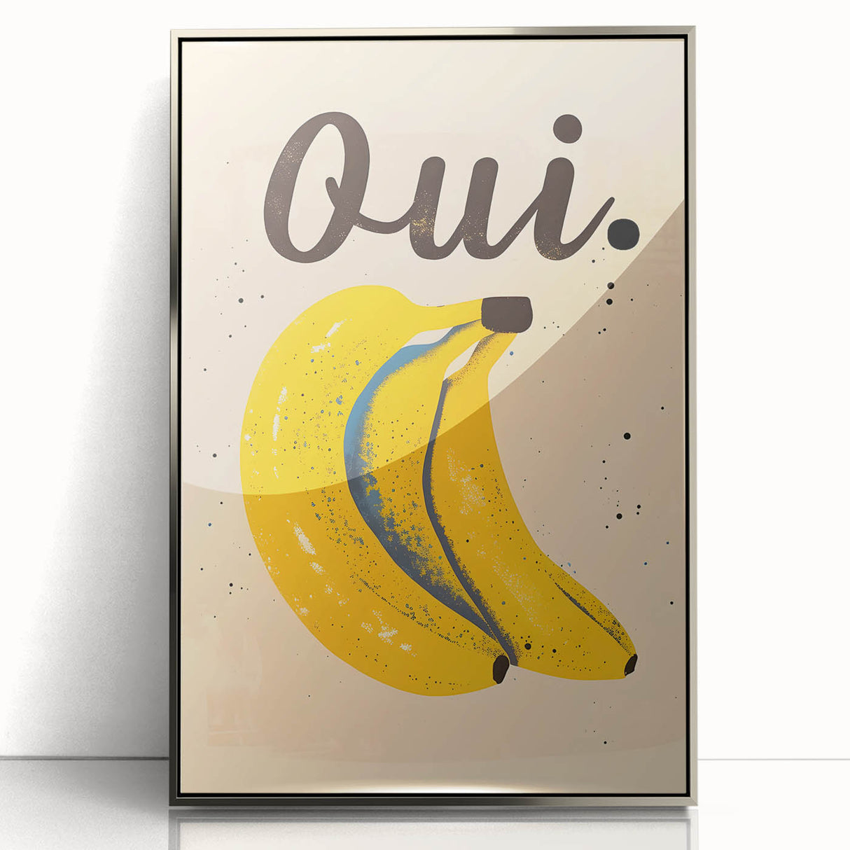 Mid-century modernist art depicting assorted fruits in vibrant colors on a silver-framed acrylic print.
