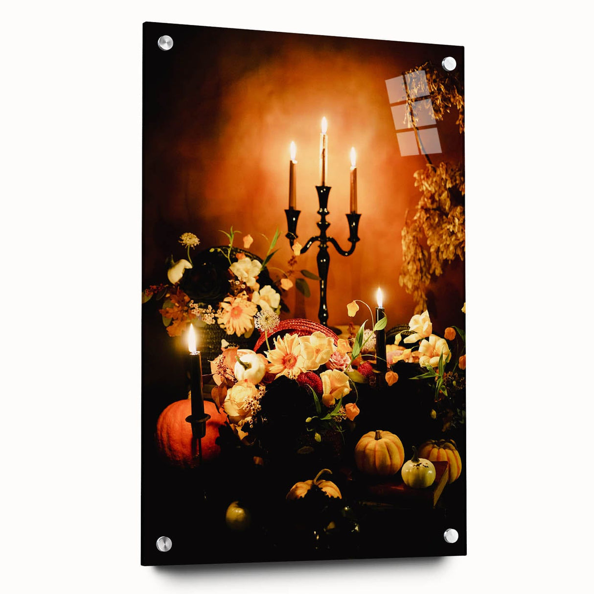 Large abstract wall art depicting vibrant autumn hues on acrylic glass, suitable for bedroom or dining room decor.