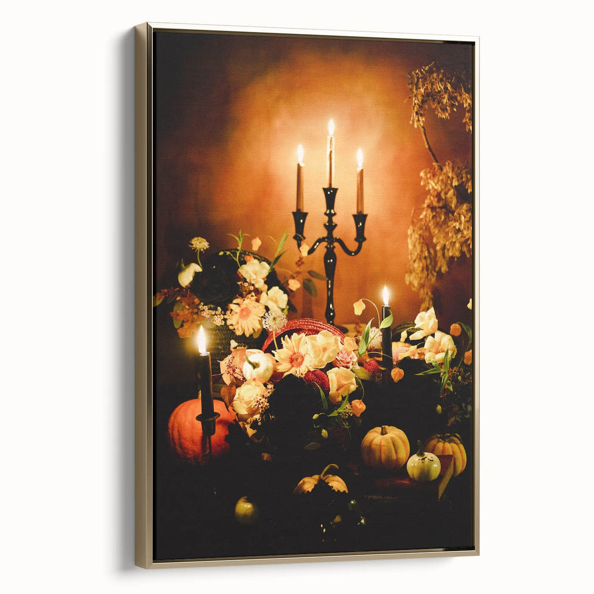 Framed canvas featuring a vintage-style landscape painting with autumnal trees in gold and black tones.