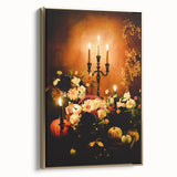 Framed canvas featuring a vintage-style landscape painting with autumnal trees in gold and black tones.
