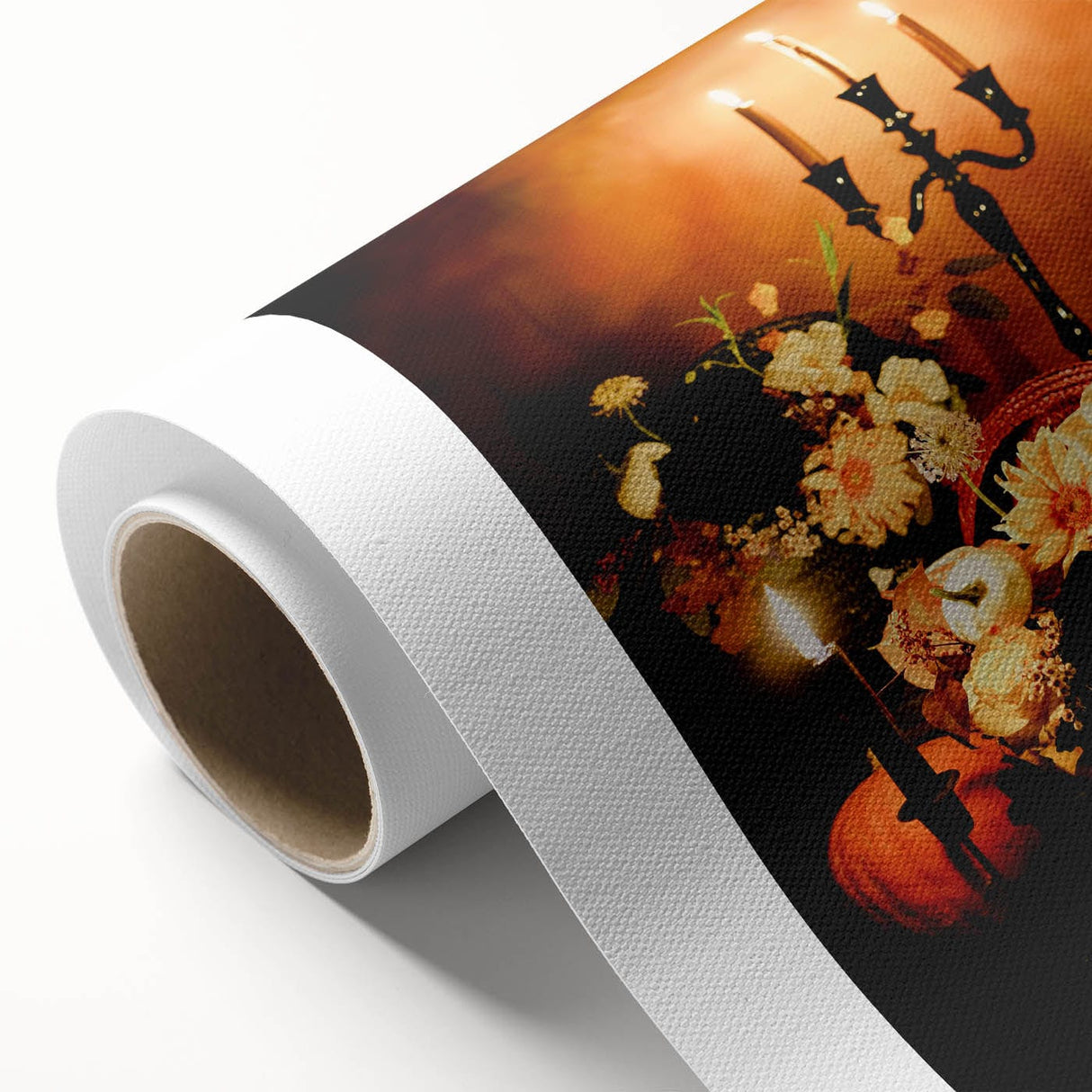 Art Deco poster featuring stylized fall trees in orange and brown hues on rolled canvas.