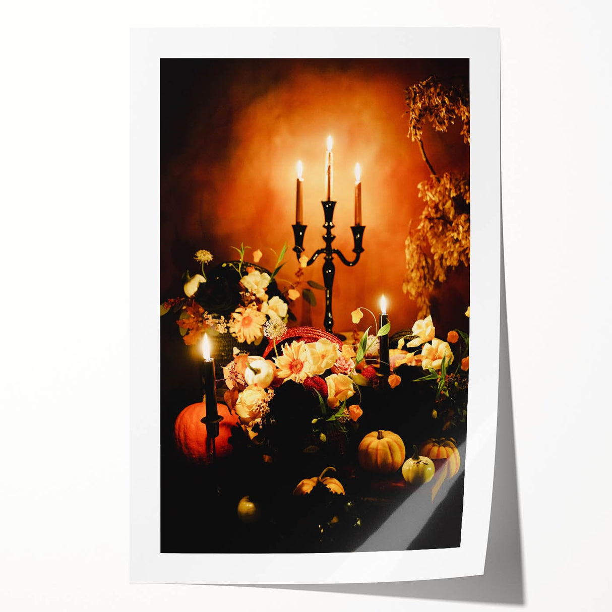 Extra large rolled print of autumn-themed floral art in muted orange and brown tones, suitable for dining room or bathroom.