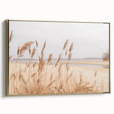 Framed canvas depicting a vintage-style landscape with muted warm tones, ideal for bedroom wall art.