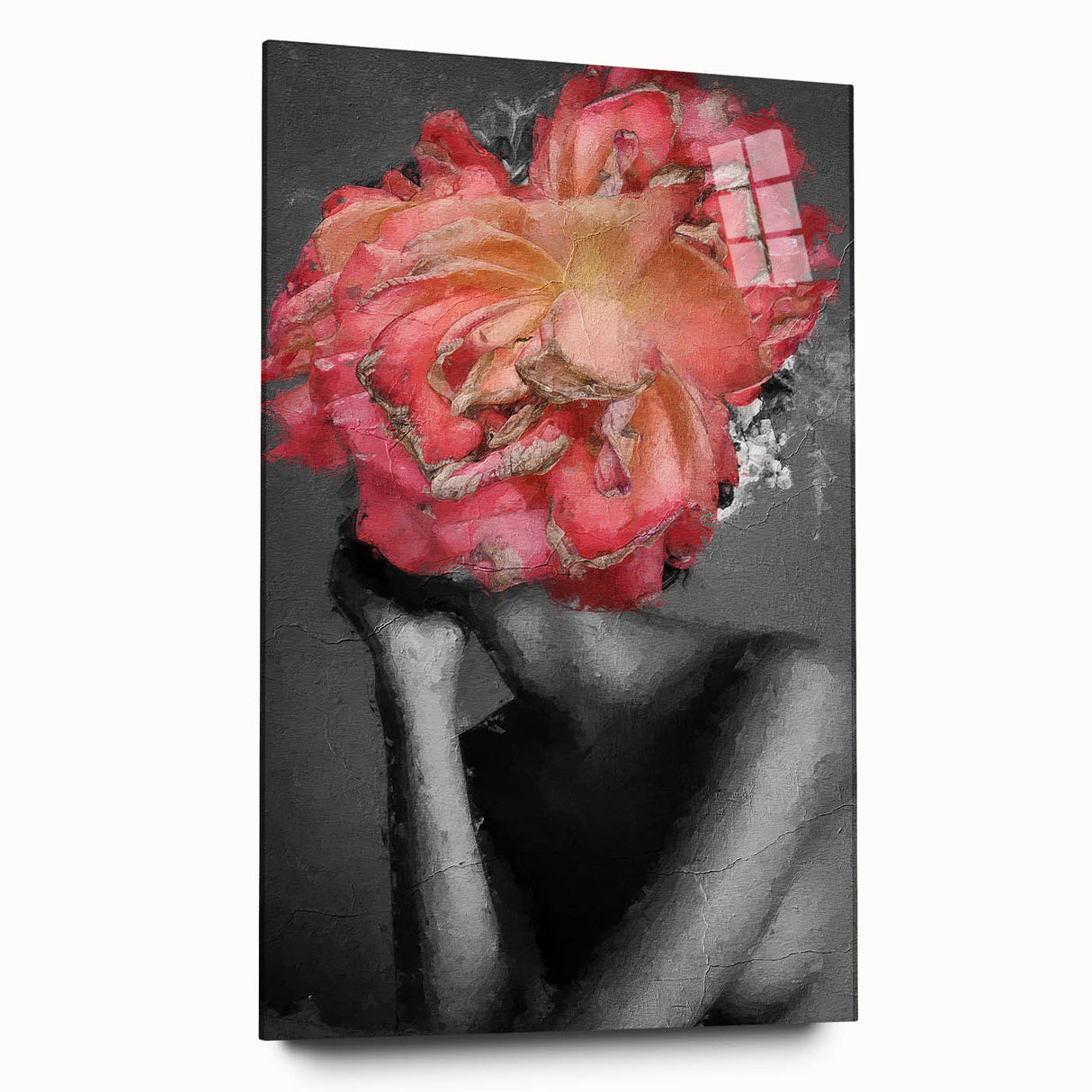 Abstract figurative acrylic artwork on glass showcasing vibrant colors and dynamic shapes, viewed from the side, perfect for modern interior decor.