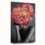 Abstract figurative acrylic artwork on glass showcasing vibrant colors and dynamic shapes, viewed from the side, perfect for modern interior decor.