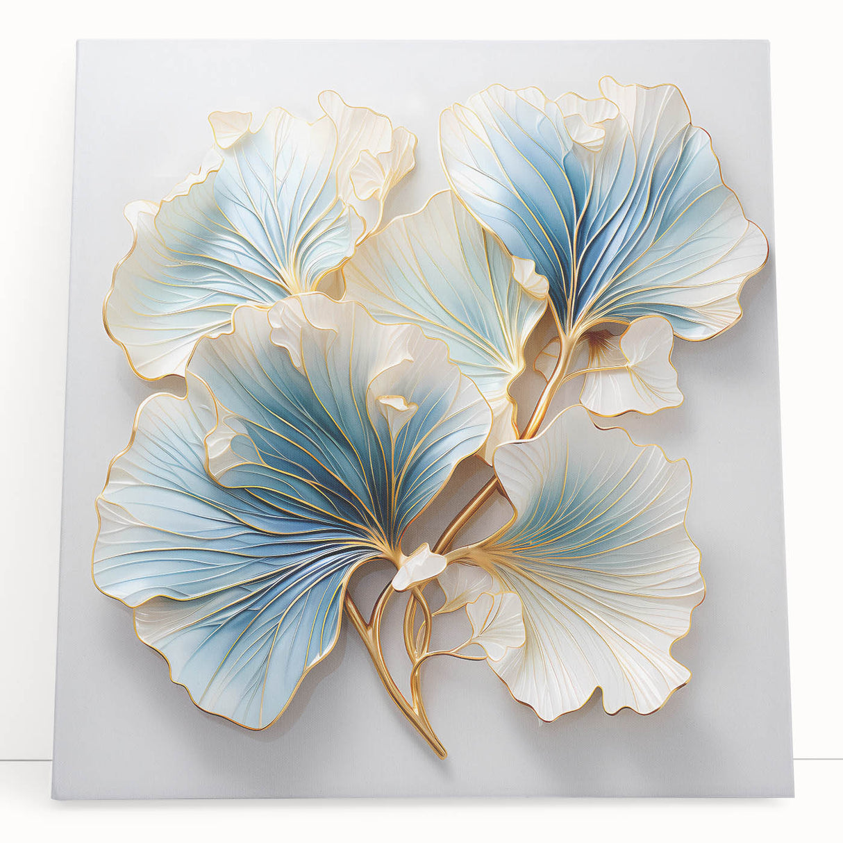 Abstract floral wall art on stretched canvas, featuring vibrant colors and intricate designs, elegantly leaning against a neutral wall, ideal for modern decor.