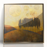 Framed abstract landscape wall art featuring gold accents, set against a minimalist background, perfect for modern home decor. Ideal for creating an elegant atmosphere.