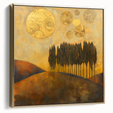 Framed abstract landscape wall art featuring silver and gold tones, perfect for modern home decor, enhancing any room with a touch of elegance.