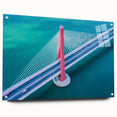 Acrylic glass side view of a modern landscape bridge design, showcasing intricate details and vibrant colors, secured with stylish pins for display. Ideal for contemporary decor.