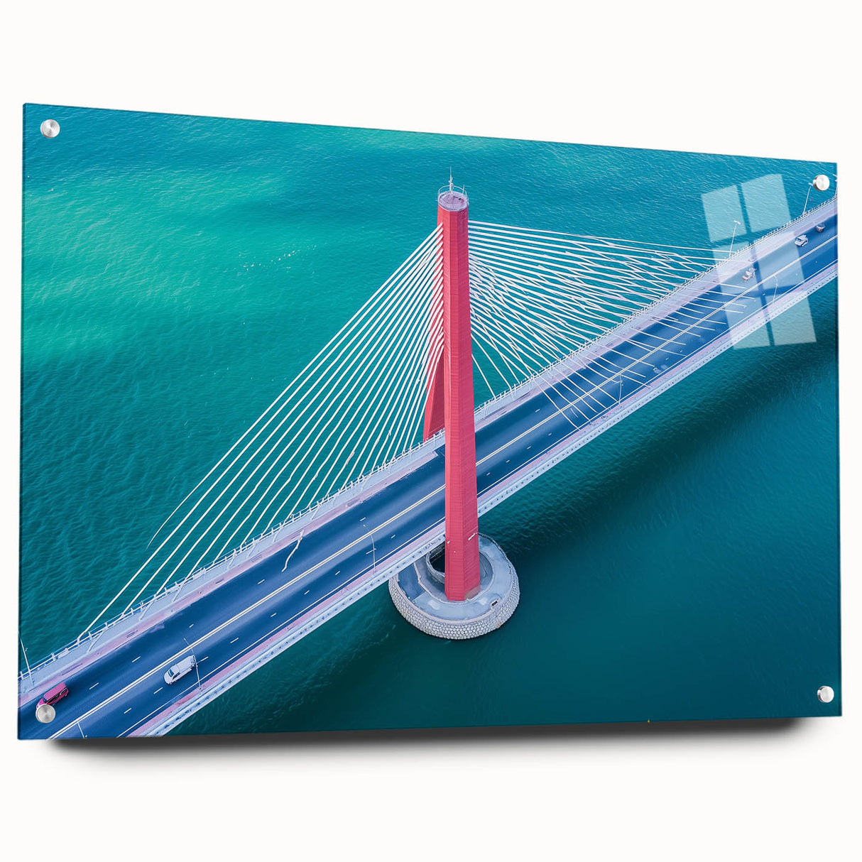Acrylic glass side view of a modern landscape bridge design, showcasing intricate details and vibrant colors, secured with stylish pins for display. Ideal for contemporary decor.