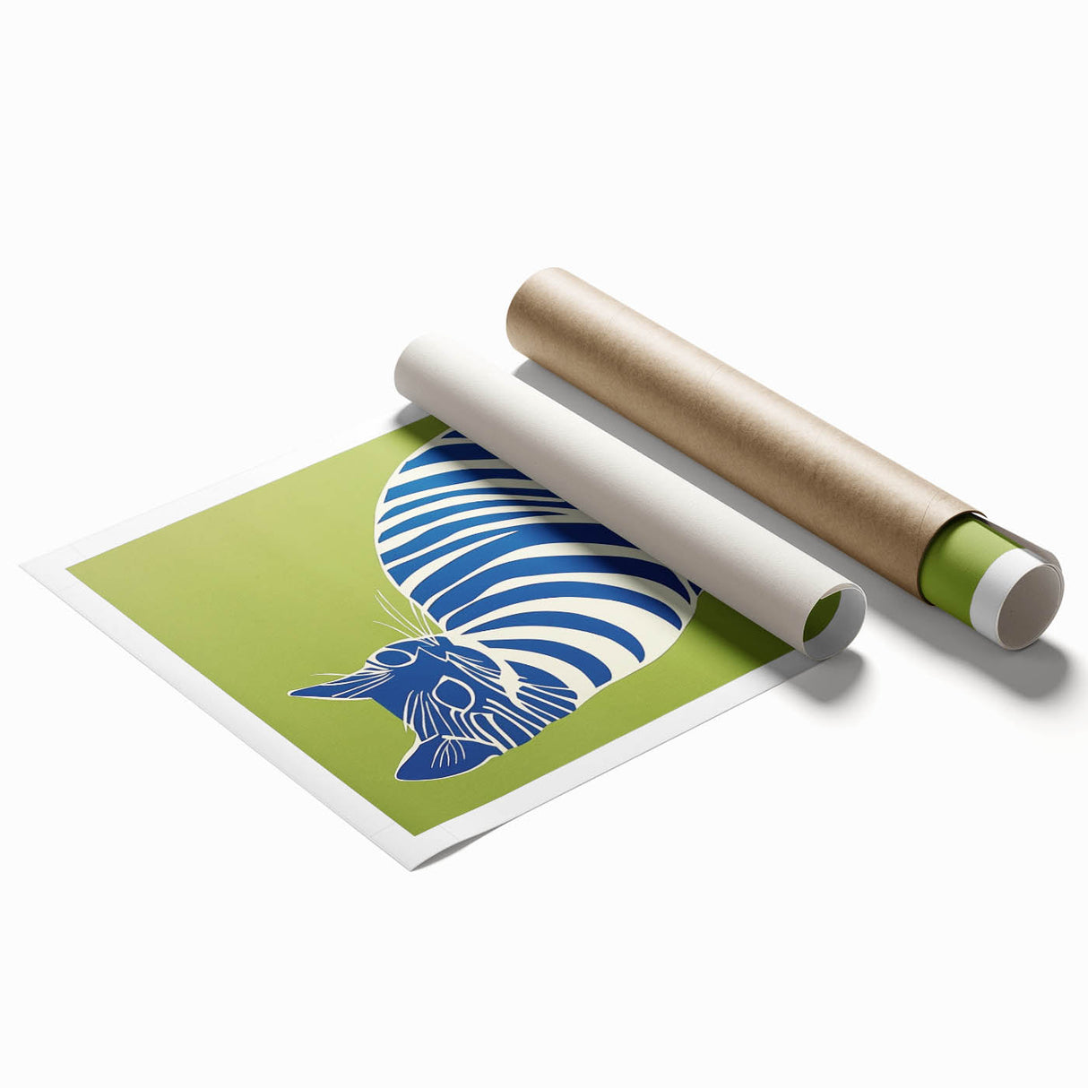 Playroom Wall Art – Bold Blue Striped Cat Illustration for Kids