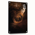 Large abstract wall art depicting autumnal trees on acrylic glass, in warm orange and yellow tones.