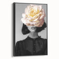 Framed abstract figurative canvas artwork showcasing a monochrome design with bold black lines and shapes, displayed in a sleek frame, ideal for modern home decor.