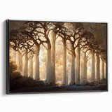 Framed abstract landscape wall art in black, showcasing vibrant colors and dynamic shapes, perfect for modern home decor. Side view highlights sleek frame design and canvas texture.