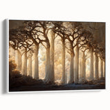 Framed canvas wall art depicting an abstract landscape in soothing earth tones, showcasing a white frame and a side view that highlights its modern aesthetic.