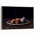 Black and white framed canvas featuring a vintage poster art style landscape with assorted fruits.
