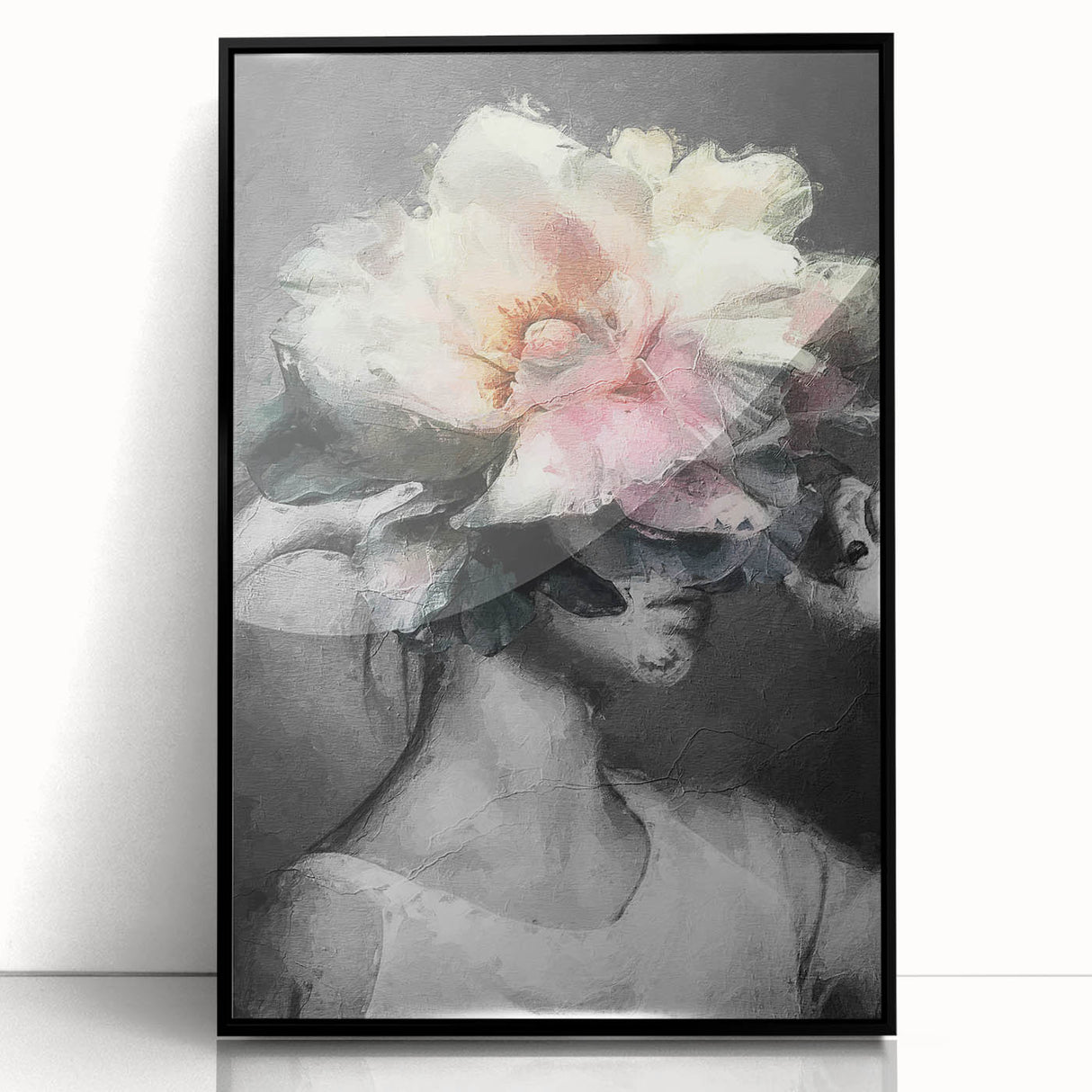 Abstract figurative art piece framed in black acrylic, showcasing vibrant colors and dynamic shapes, ideal for modern home decor and artistic expression.
