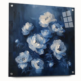 Abstract floral wall art displayed in an acrylic glass frame, showcasing vibrant colors and intricate designs, mounted with decorative pins for an elegant presentation.
