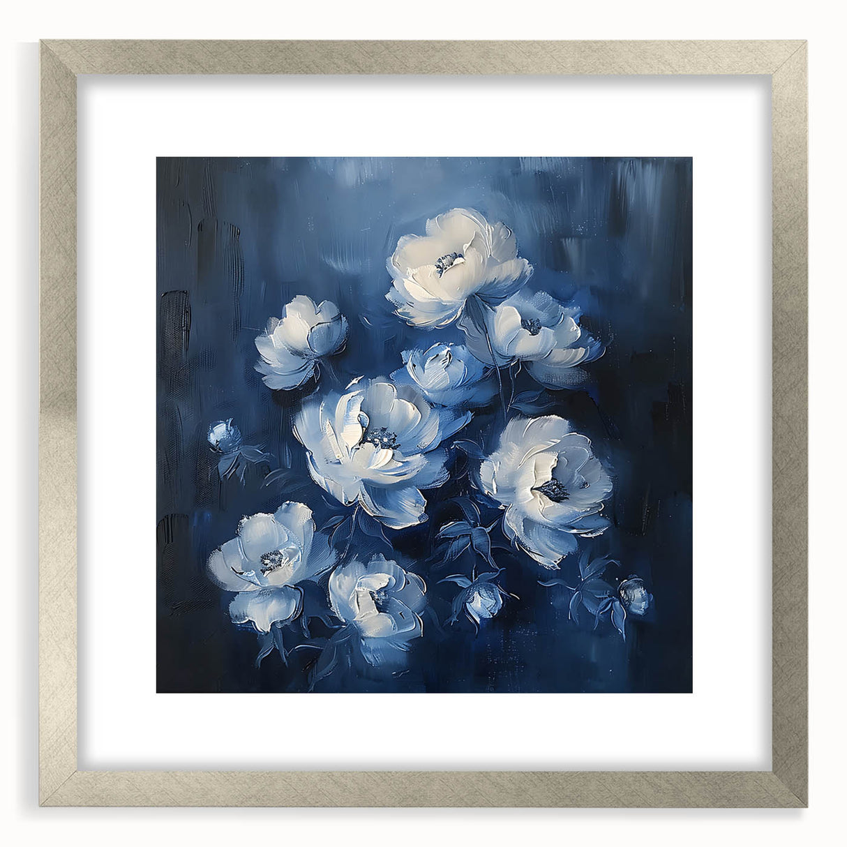Abstract floral wall art framed in silver, showcasing vibrant colors and intricate details, designed to enhance modern home decor with a touch of elegance.