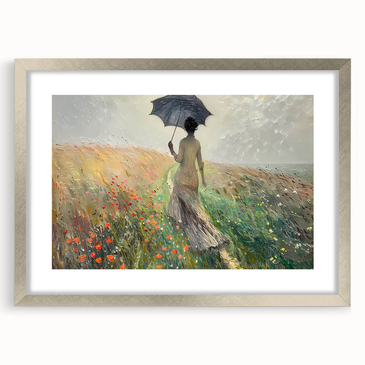 Abstract landscape wall art framed with a silver mat, showcasing vibrant colors and dynamic shapes, perfect for modern home decor and artistic expression.