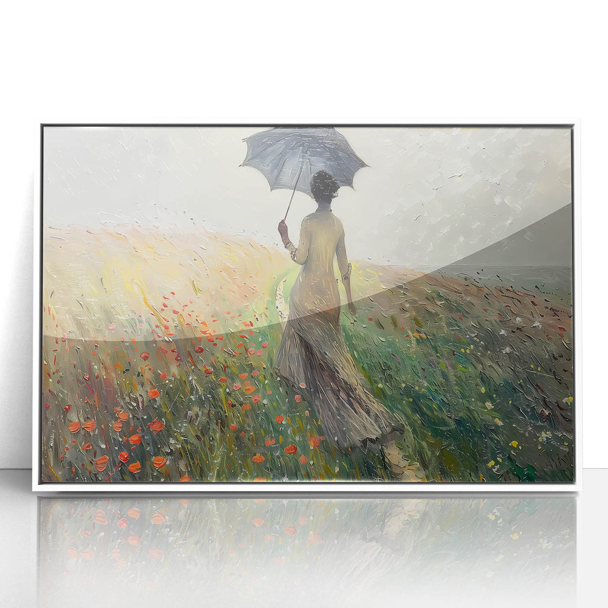 Framed abstract landscape wall art in white acrylic, showcasing vibrant colors and fluid shapes, ideal for modern home decor or office spaces, enhancing artistic ambiance.