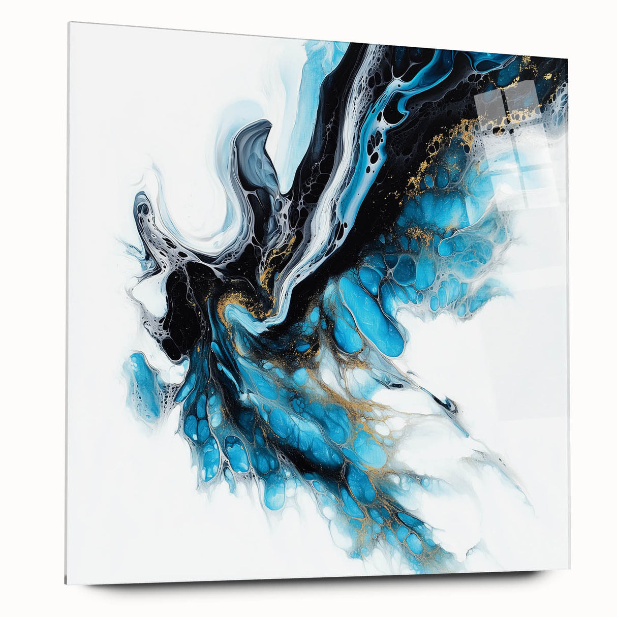 Abstract Fluid Canvas Art – Aqua, Gold, and Black Ocean Energy