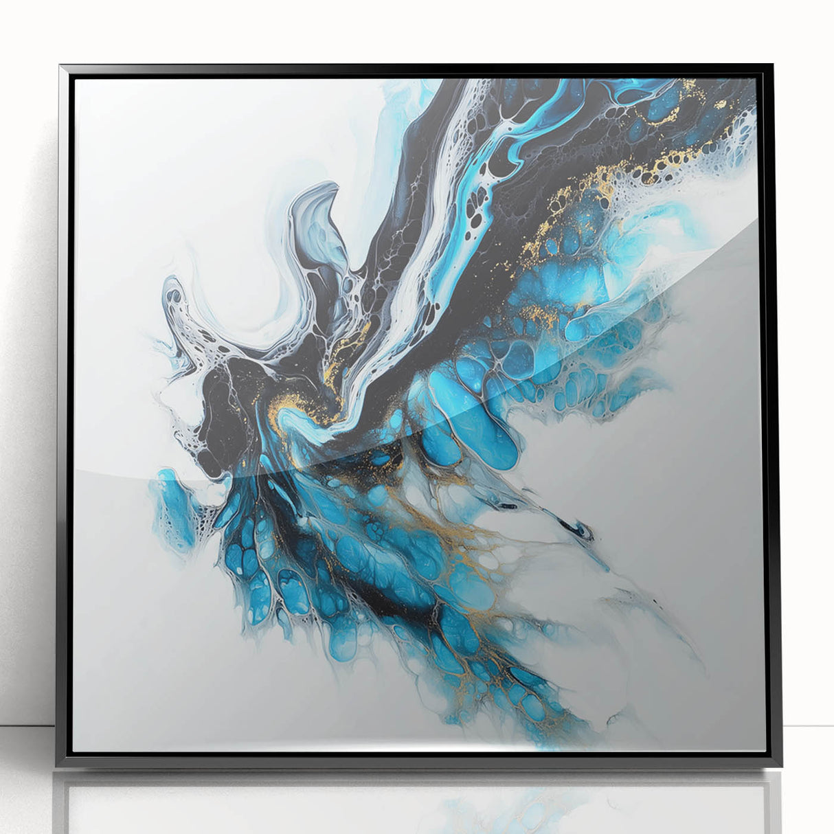 Abstract Fluid Canvas Art – Aqua, Gold, and Black Ocean Energy