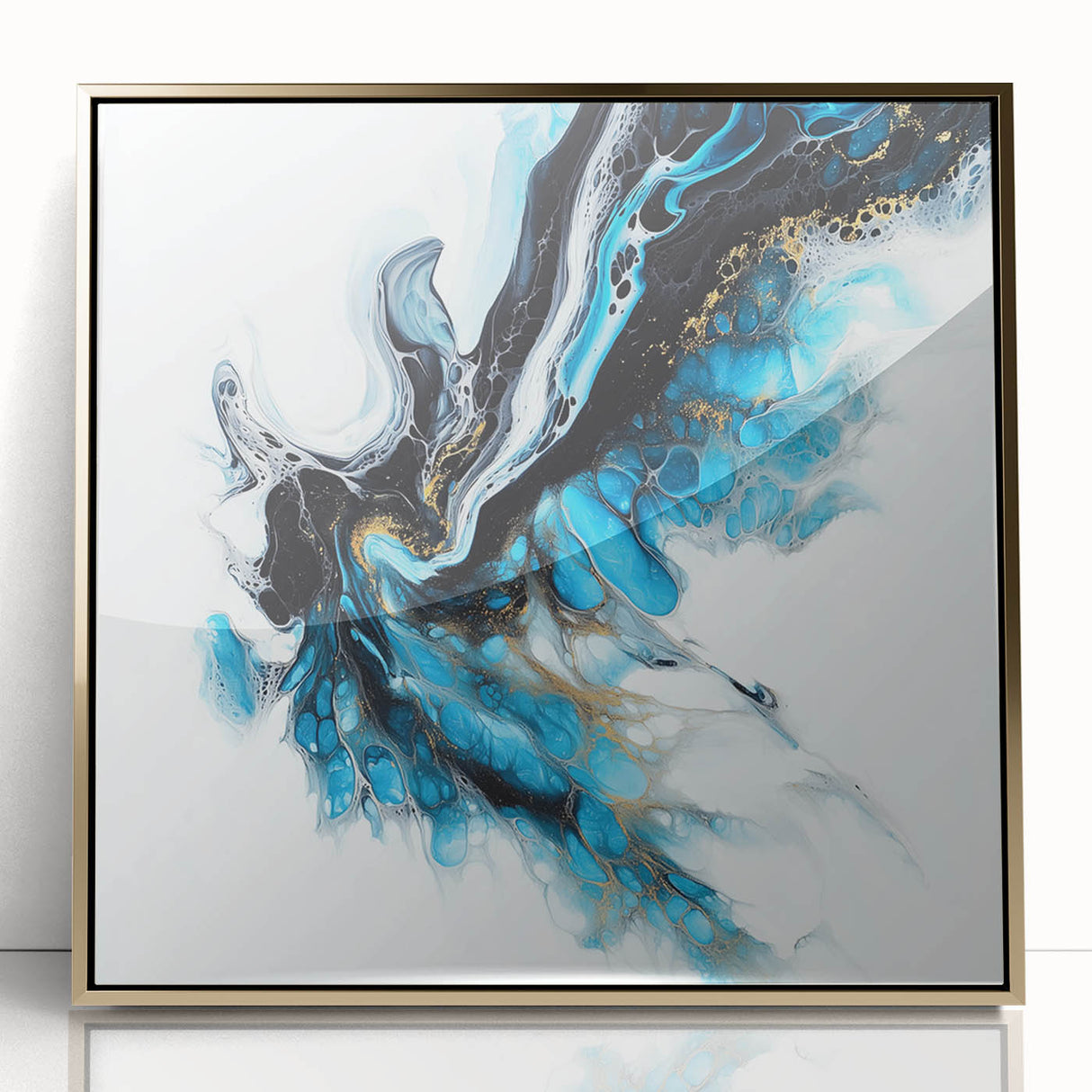 Abstract Fluid Canvas Art – Aqua, Gold, and Black Ocean Energy