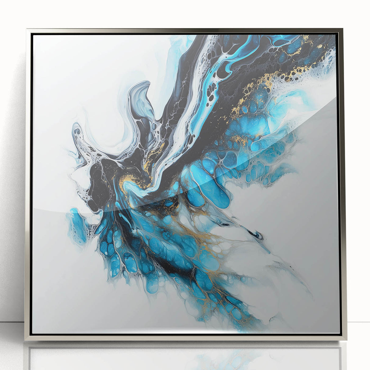 Abstract Fluid Canvas Art – Aqua, Gold, and Black Ocean Energy