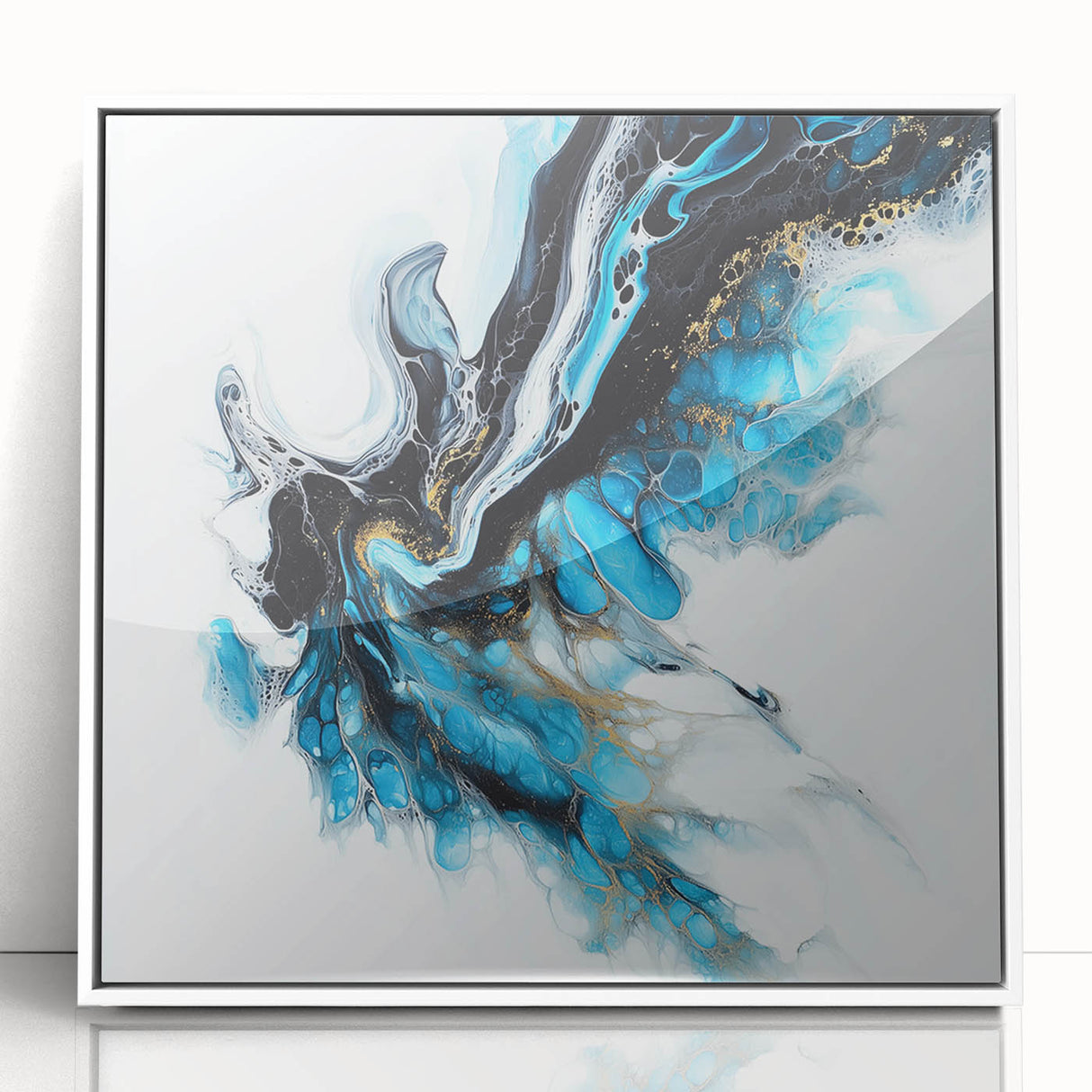 Abstract Fluid Canvas Art – Aqua, Gold, and Black Ocean Energy