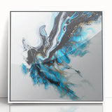 Abstract Fluid Canvas Art – Aqua, Gold, and Black Ocean Energy