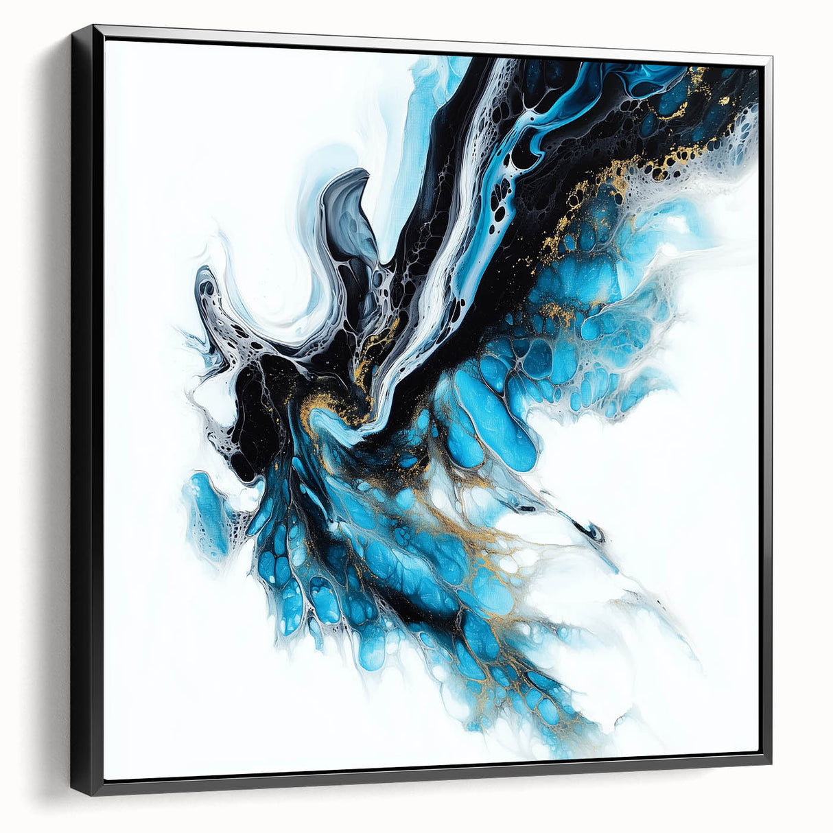 Abstract Fluid Canvas Art – Aqua, Gold, and Black Ocean Energy