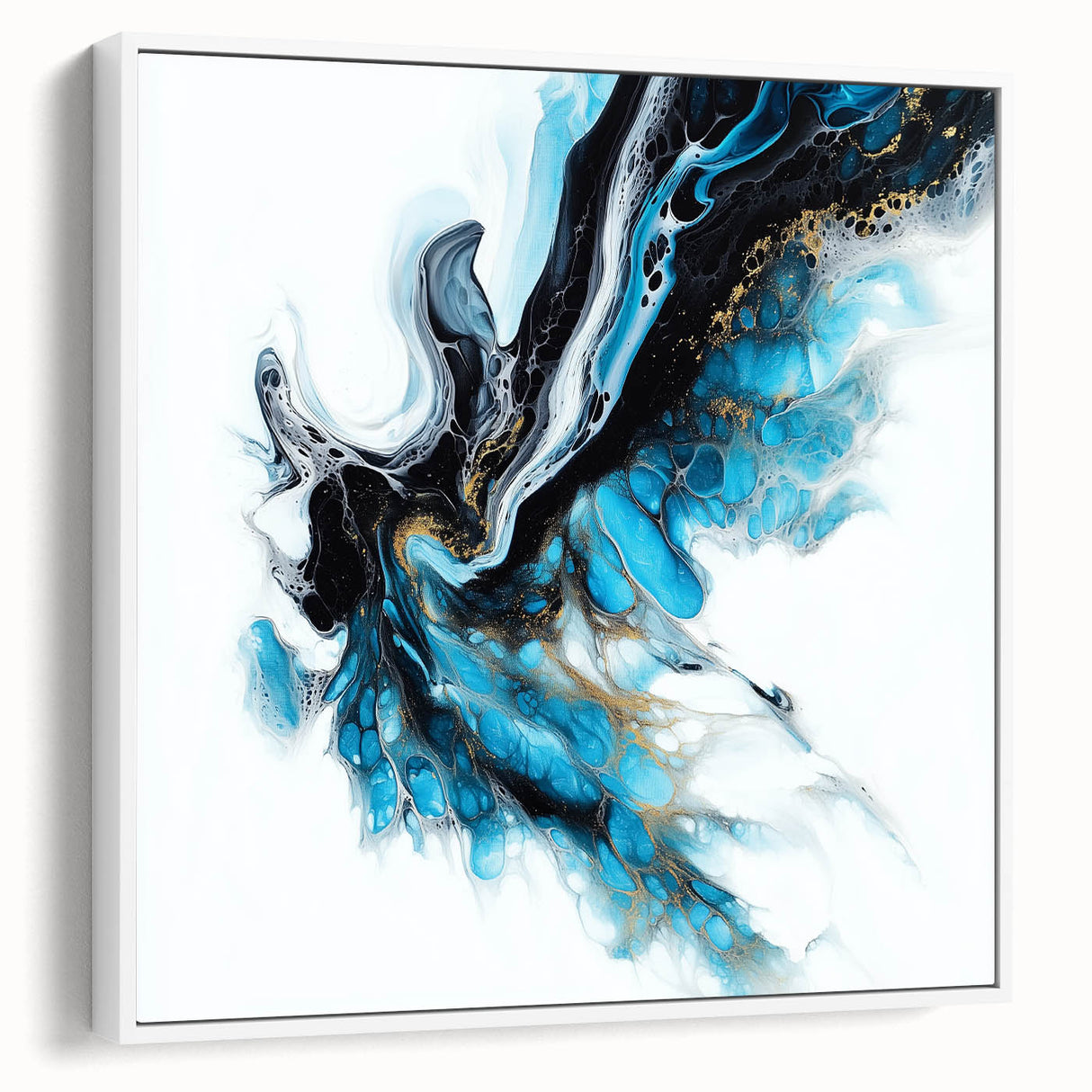 Abstract Fluid Canvas Art – Aqua, Gold, and Black Ocean Energy