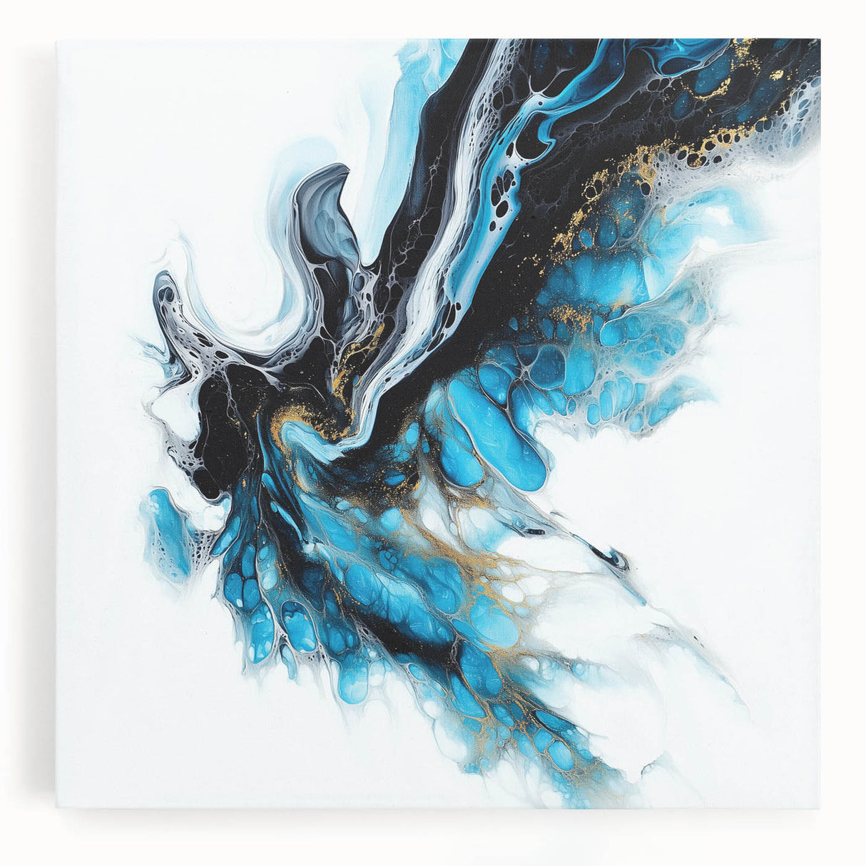 Abstract Fluid Canvas Art – Aqua, Gold, and Black Ocean Energy