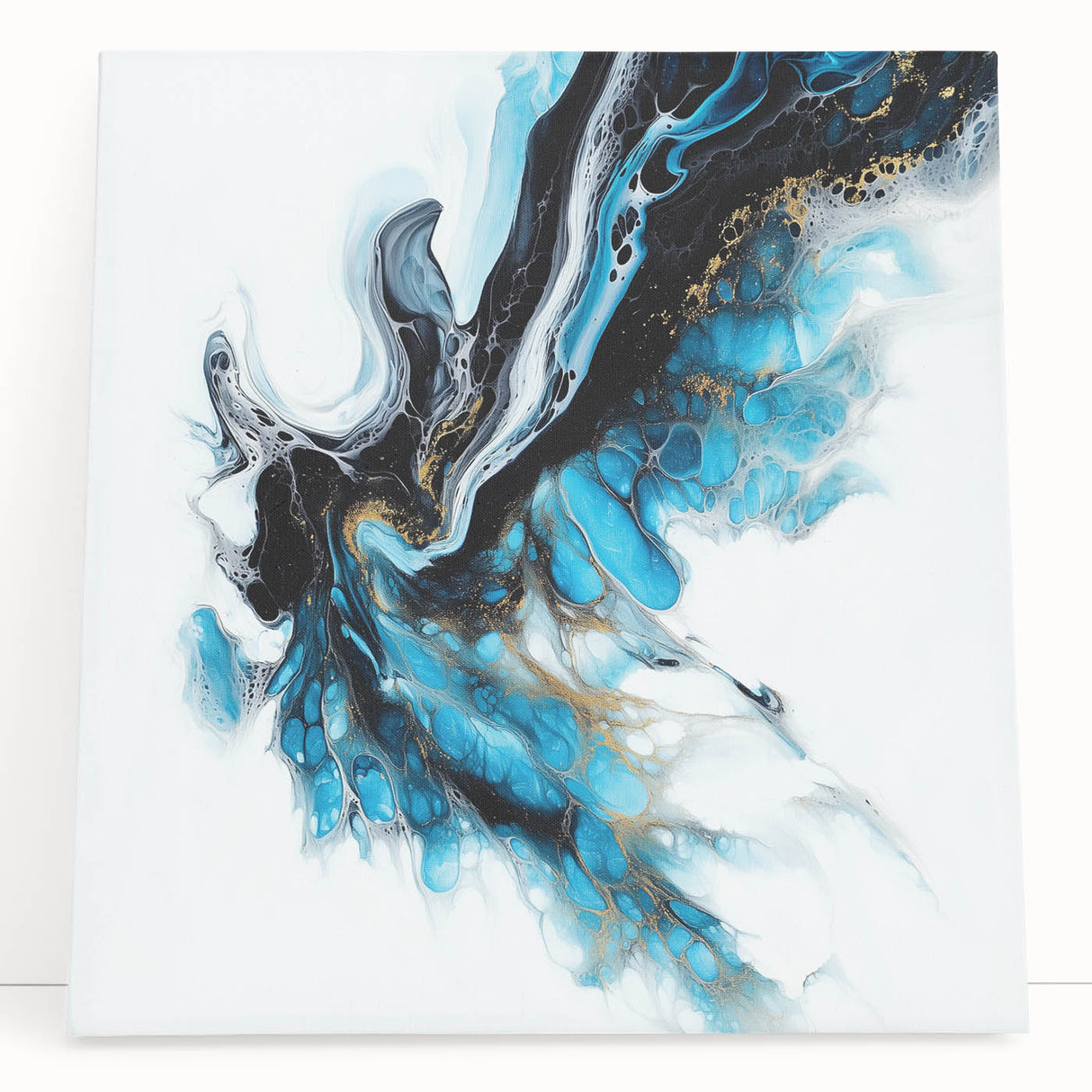 Abstract Fluid Canvas Art – Aqua, Gold, and Black Ocean Energy