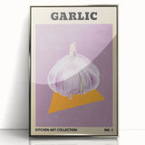 Mid-century modernist art featuring assorted fruits in vibrant colors on a silver-framed acrylic print.