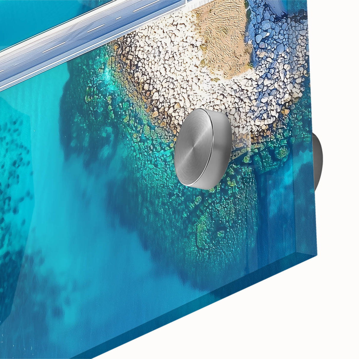 Close-up view of a landscape bridge design printed on acrylic glass, showcasing vibrant colors and intricate details, ideal for modern home decor or art collection.