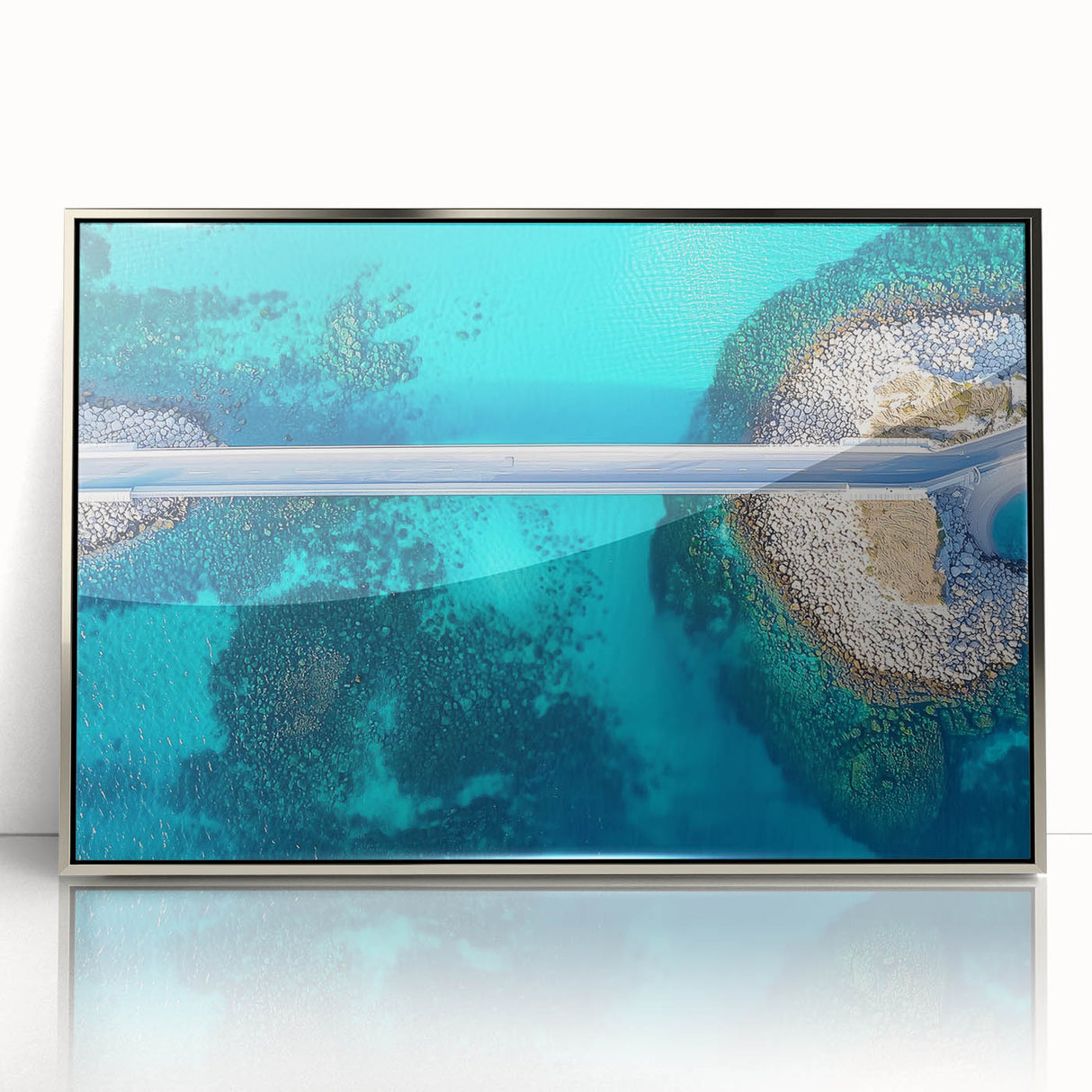 Framed acrylic artwork showcasing a landscape bridge in silver tones, designed to enhance modern decor with its sleek finish and elegant presentation. Perfect for home or office settings.