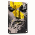 Abstract figurative acrylic artwork displayed in a glass frame, showcasing vibrant colors and dynamic shapes, ideal for modern home decor and artistic expression.