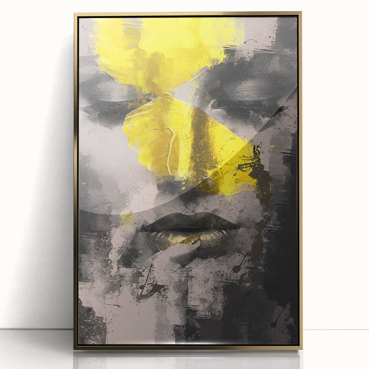 Abstract figurative art piece in a gold frame, showcasing dynamic shapes and vibrant colors, perfect for modern home decor or gallery settings.