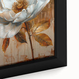 Close-up view of abstract florals wall art featuring vibrant colors and intricate details, framed in a sleek black frame, ideal for modern home decor.