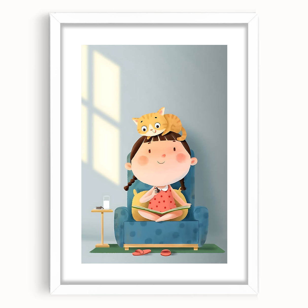 Girls Bedroom Art – Cozy Reading Time with Cat Illustration Print
