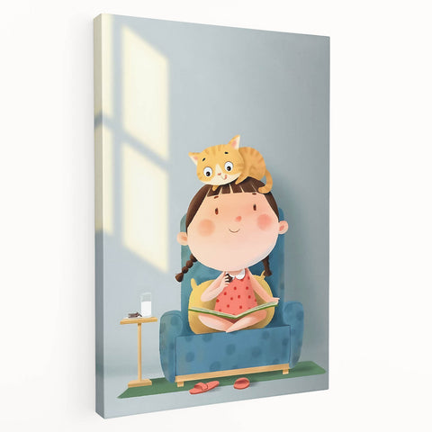 Girls Bedroom Art – Cozy Reading Time with Cat Illustration Print