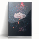 Art deco poster depicting abstract fall foliage in warm orange and red tones on a white acrylic framed canvas.