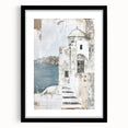 Abstract architectural wall art framed in black with a mat, showcasing geometric shapes and vibrant colors, ideal for modern home decor and artistic expression.
