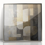 Framed abstract geometric art piece with silver accents, showcasing intricate shapes and lines on a sleek acrylic surface, perfect for modern decor.